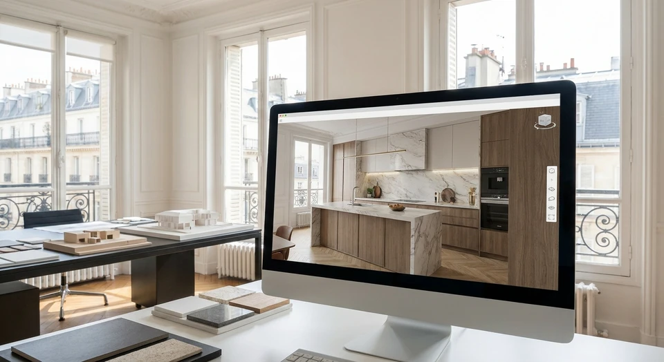 Écran d'ordinateur affichant un rendu 3D professionnel d'une cuisine moderne aménagée sur mesure, montrant la visualisation détaillée avec volumes, matériaux, finitions et éclairage, dans un contexte de bureau de conception ou showroom. L'image doit montrer clairement l'interface de visualisation 3D interactive, avec perspective réaliste et qualité de rendu haute définition.