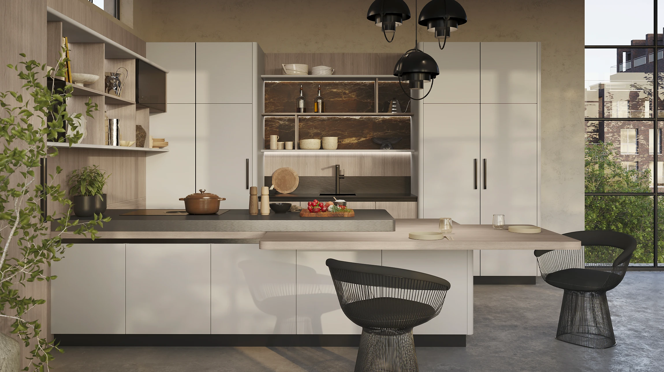 Cuisine moderne ouverte avec îlot central bimatière, plan de travail en céramique effet béton et extension en bois clair