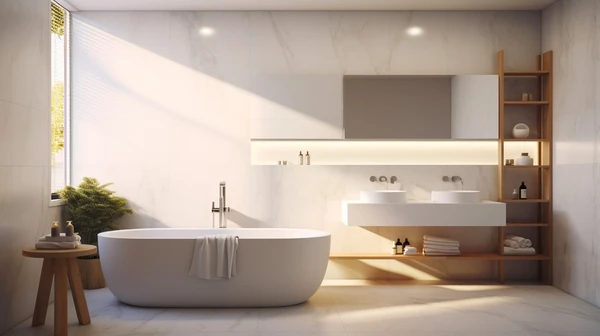 Salle de bain moderne avec mobilier bleu-gris, vasque à poser sur plan de travail blanc, baignoire îlot blanche, carrelage géométrique au sol