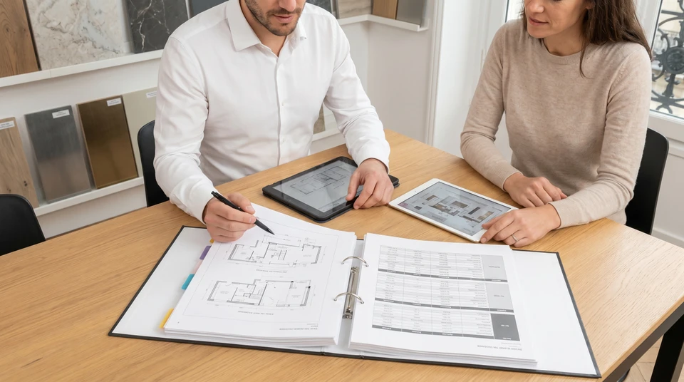 Une personne en bureau moderne consultant des documents tarifaires ou devis avec un client autour d'une table, dans une ambiance professionnelle et transparente, avec éventuellement un affichage clair des prix ou un document contractuel visible. L'image doit véhiculer la confiance, la clarté et l'honnêteté commerciale.
